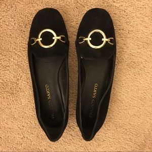Black suede flats with gold accents